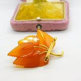 Baltic 18ct Yellow Gold & Amber Leaf Form Brooch Pin Antique c1930 Art Deco