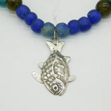 Studio Jewellery Sterling Silver & Sea Glass Chunky Fish Necklace Vintage