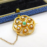 Edwardian 15ct Gold, Turquoise & Pearl Floral Swirl Brooch Antique c1910
