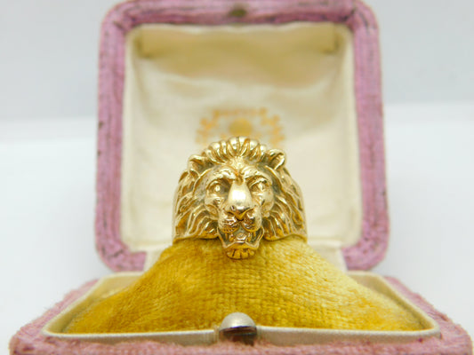 Lion Or Leo Big Cat 14ct Yellow Gold Statement Ring Vintage c1950 Size V UK