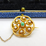 Edwardian 15ct Gold, Turquoise & Pearl Floral Swirl Brooch Antique c1910