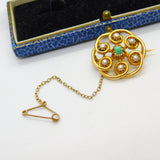 Edwardian 15ct Gold, Turquoise & Pearl Floral Swirl Brooch Antique c1910