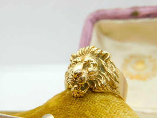 Lion Or Leo Big Cat 14ct Yellow Gold Statement Ring Vintage c1950 Size V UK