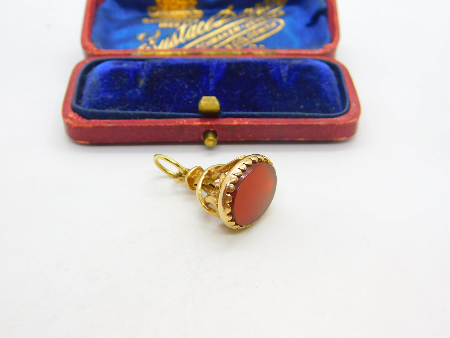 9ct Yellow Gold & Carnelian Set Floral Form Fob Seal Pendant Antique c1930 Deco