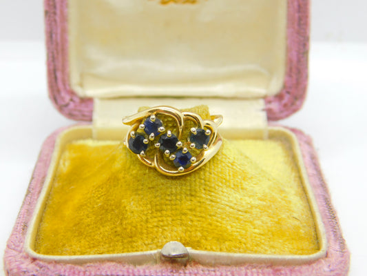 14ct Yellow Gold & Sapphire Set Floral Spray Dress Ring Antique c1930 Art Deco