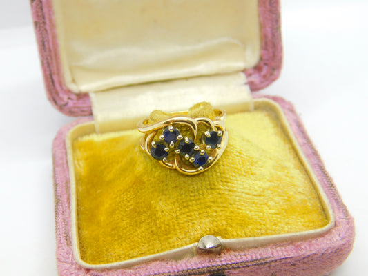 14ct Yellow Gold & Sapphire Set Floral Spray Dress Ring Antique c1930 Art Deco