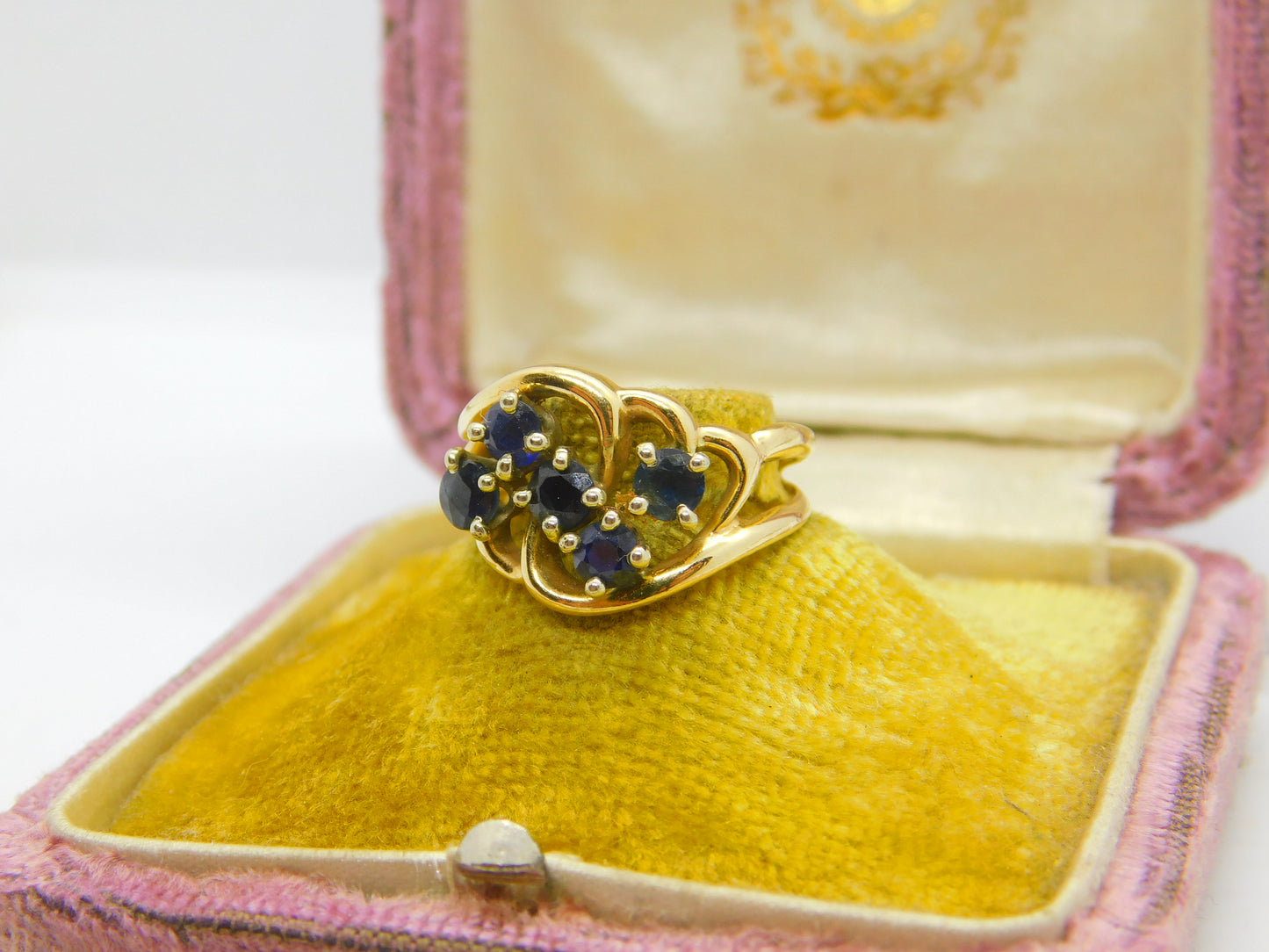 14ct Yellow Gold & Sapphire Set Floral Spray Dress Ring Antique c1930 Art Deco