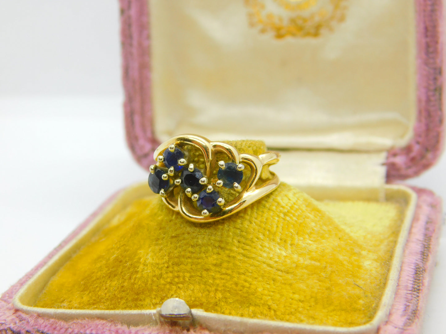 14ct Yellow Gold & Sapphire Set Floral Spray Dress Ring Antique c1930 Art Deco