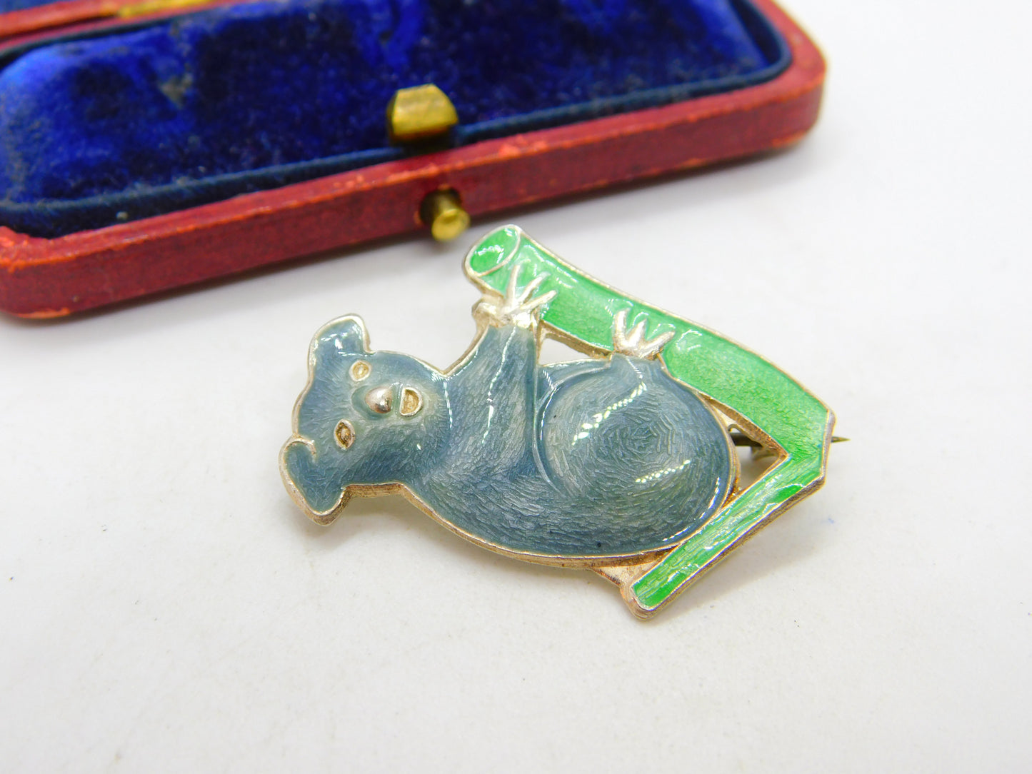 Sterling Silver & Enamel Koala on a Branch Brooch Antique c1940 Art Deco