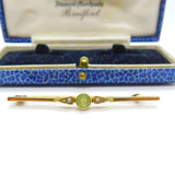 Edwardian 9ct Gold, Peridot & Seed Pearl Sweetheart Bar Brooch Antique c1910