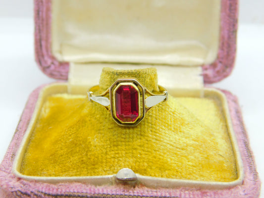 14ct Yellow Gold & Emerald Cut 1.75ct Ruby Set Dress Ring Antique c1930 Art Deco