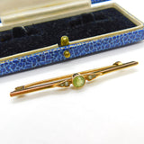 Edwardian 9ct Gold, Peridot & Seed Pearl Sweetheart Bar Brooch Antique c1910