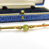 Edwardian 9ct Gold, Peridot & Seed Pearl Sweetheart Bar Brooch Antique c1910