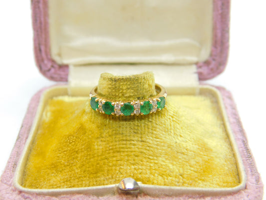 14ct Yellow Gold, Natural Emerald & Diamond Half Eternity Ring Vintage c1970