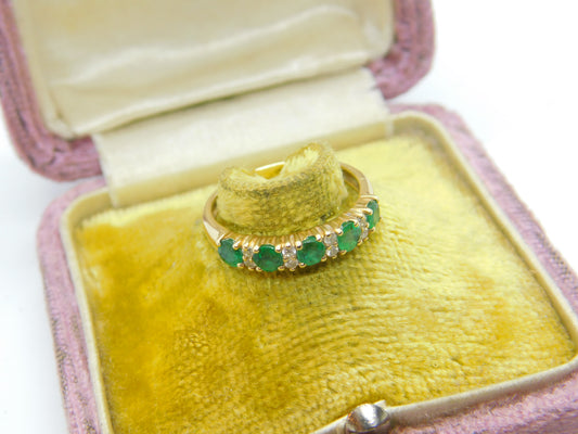 14ct Yellow Gold, Natural Emerald & Diamond Half Eternity Ring Vintage c1970