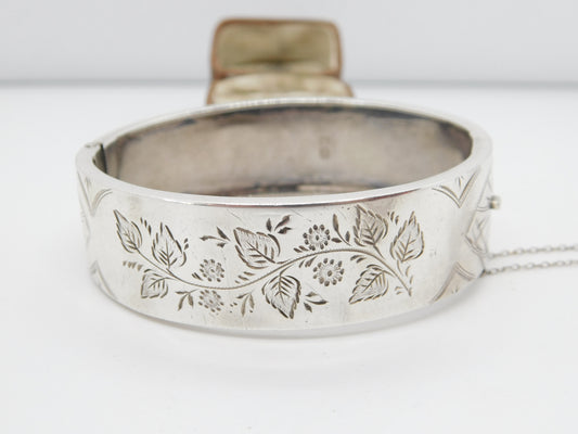 Victorian Sterling Silver Floral Pattern Cuff Bangle 1885 Chester Antique