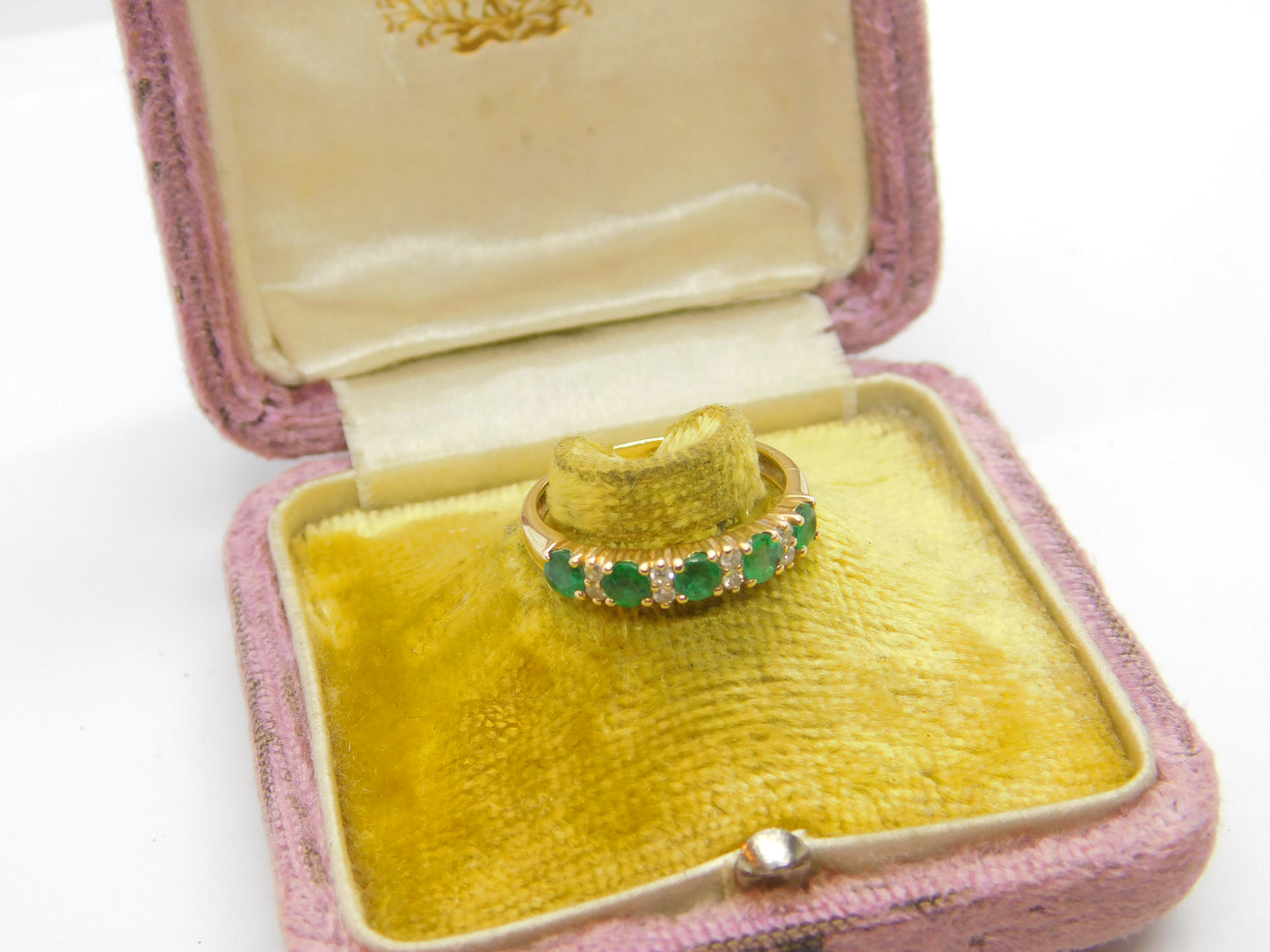 14ct Yellow Gold, Natural Emerald & Diamond Half Eternity Ring Vintage c1970