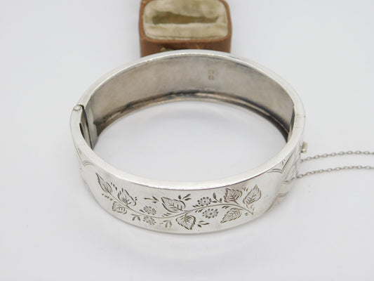 Victorian Sterling Silver Floral Pattern Cuff Bangle 1885 Chester Antique