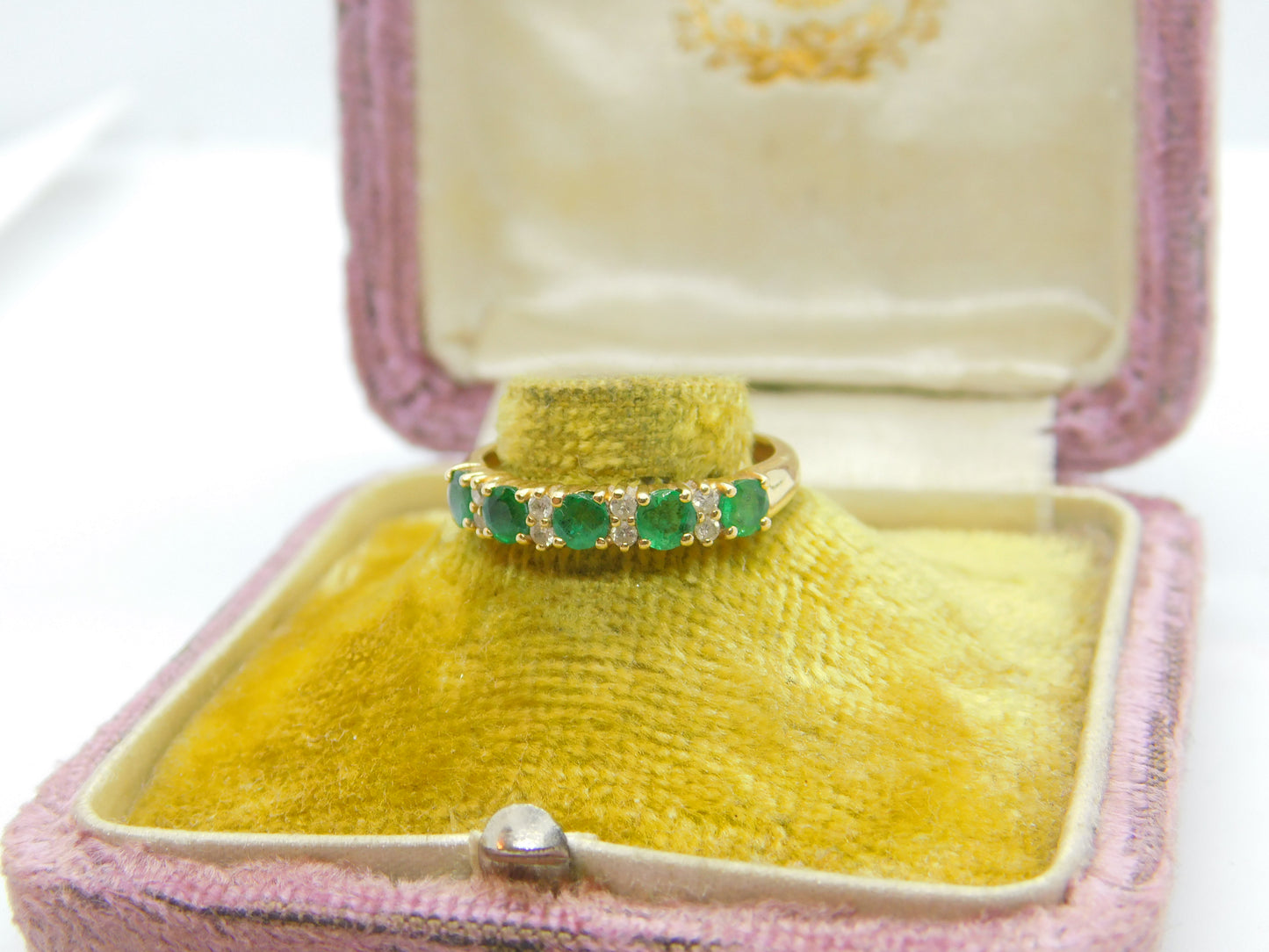 14ct Yellow Gold, Natural Emerald & Diamond Half Eternity Ring Vintage c1970