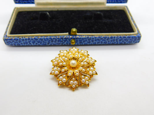 Victorian 18ct Yellow Gold & Seed Pearl Spring Flower Pendant or Brooch Antique c1880