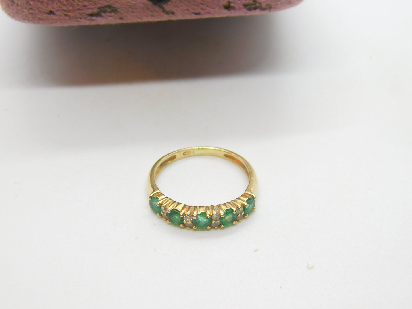 14ct Yellow Gold, Natural Emerald & Diamond Half Eternity Ring Vintage c1970