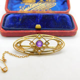 Edwardian 9ct Gold, Seed Pearl & Amethyst Sweetheart Brooch Antique c1910