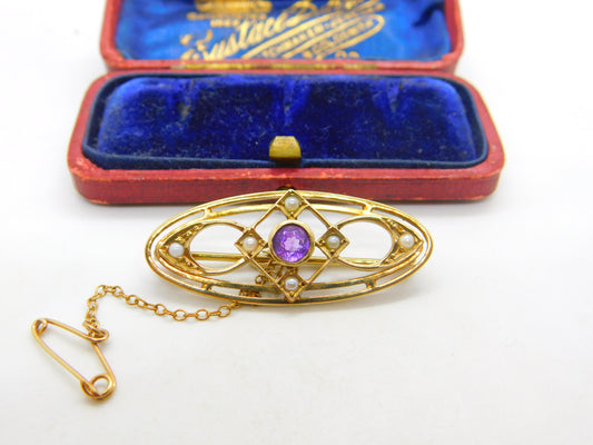 Edwardian 9ct Gold, Seed Pearl & Amethyst Sweetheart Brooch Antique c1910