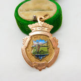 9ct Gold & Enamel Angling or Fishing Fob Medal Antique 1928 Birmingham Deco