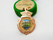 9ct Gold & Enamel Angling or Fishing Fob Medal Antique 1928 Birmingham Deco