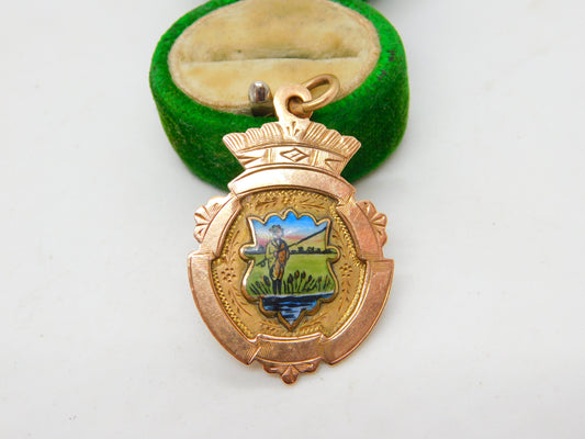 9ct Gold & Enamel Angling or Fishing Fob Medal Antique 1928 Birmingham Deco