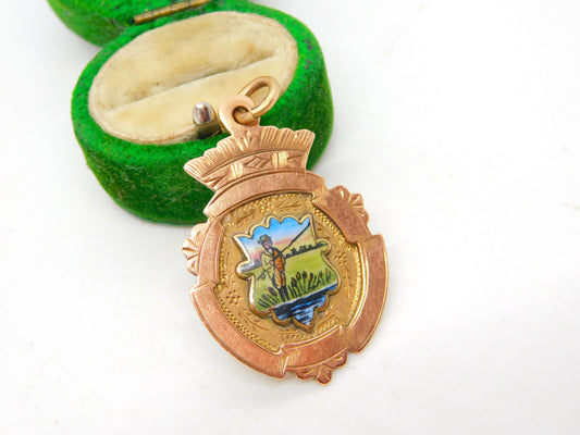 9ct Gold & Enamel Angling or Fishing Fob Medal Antique 1928 Birmingham Deco