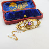 Edwardian 9ct Gold, Seed Pearl & Amethyst Sweetheart Brooch Antique c1910
