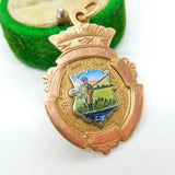 9ct Gold & Enamel Angling or Fishing Fob Medal Antique 1928 Birmingham Deco