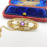 Edwardian 9ct Gold, Seed Pearl & Amethyst Sweetheart Brooch Antique c1910
