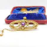Edwardian 9ct Gold, Seed Pearl & Amethyst Sweetheart Brooch Antique c1910