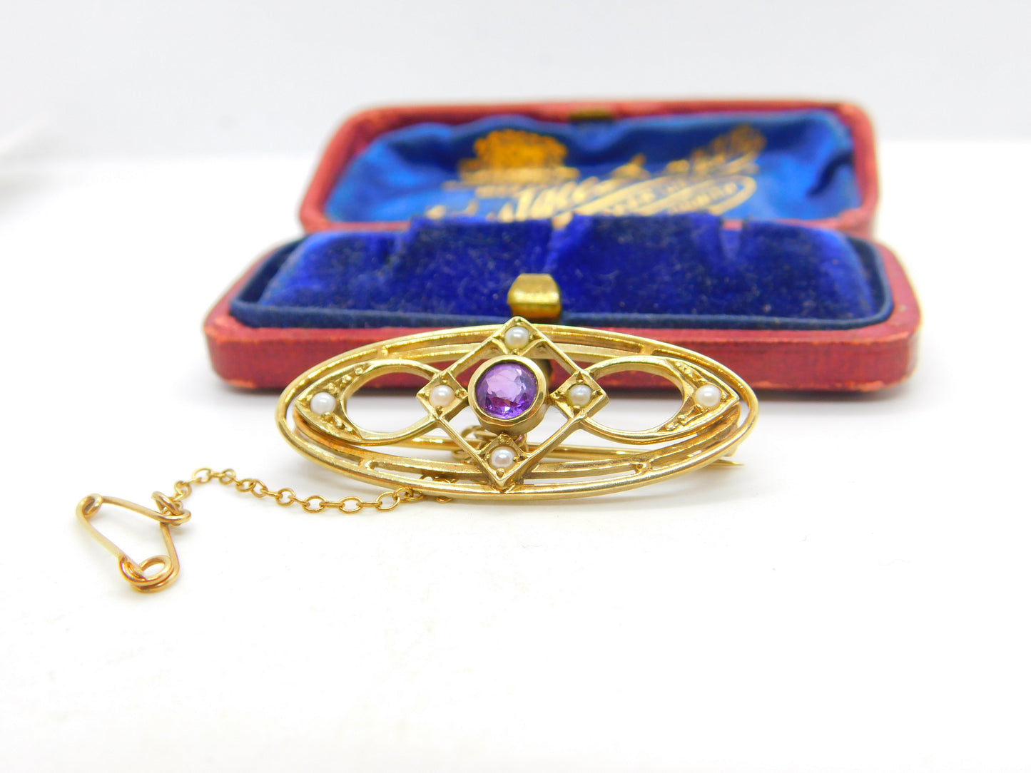 Edwardian 9ct Gold, Seed Pearl & Amethyst Sweetheart Brooch Antique c1910