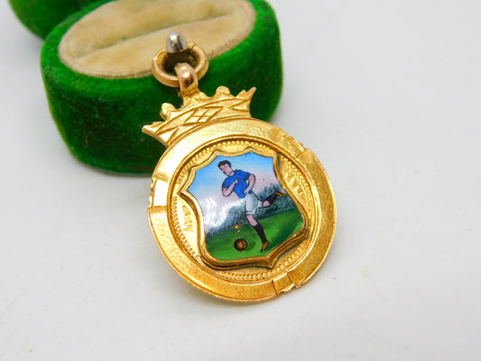 9ct Gold Enamel Ribchester FC Football Fob Medal Antique 1932 Birmingham