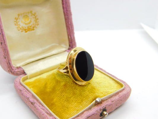 9ct Yellow Gold & Large Onyx Panel Signet Ring Vintage 1992 Birmingham