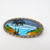 TLM Sterling Silver Morpho Butterfly Wing Set Island Scene Brooch Antique c1930