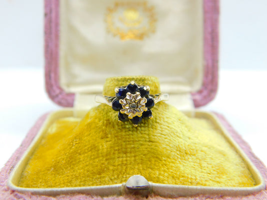 9ct Yellow Gold, Sapphire & Diamond Floral Cluster Ring Vintage 1978 Birmingham