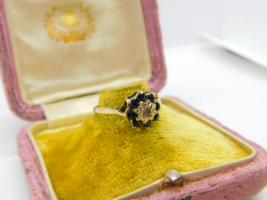 9ct Yellow Gold, Sapphire & Diamond Floral Cluster Ring Vintage 1978 Birmingham