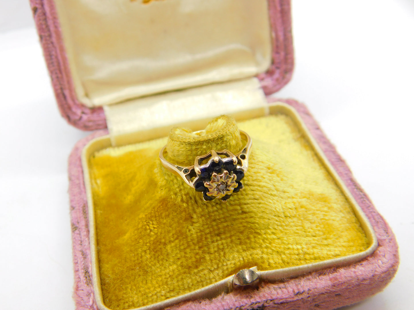 9ct Yellow Gold, Sapphire & Diamond Floral Cluster Ring Vintage 1978 Birmingham