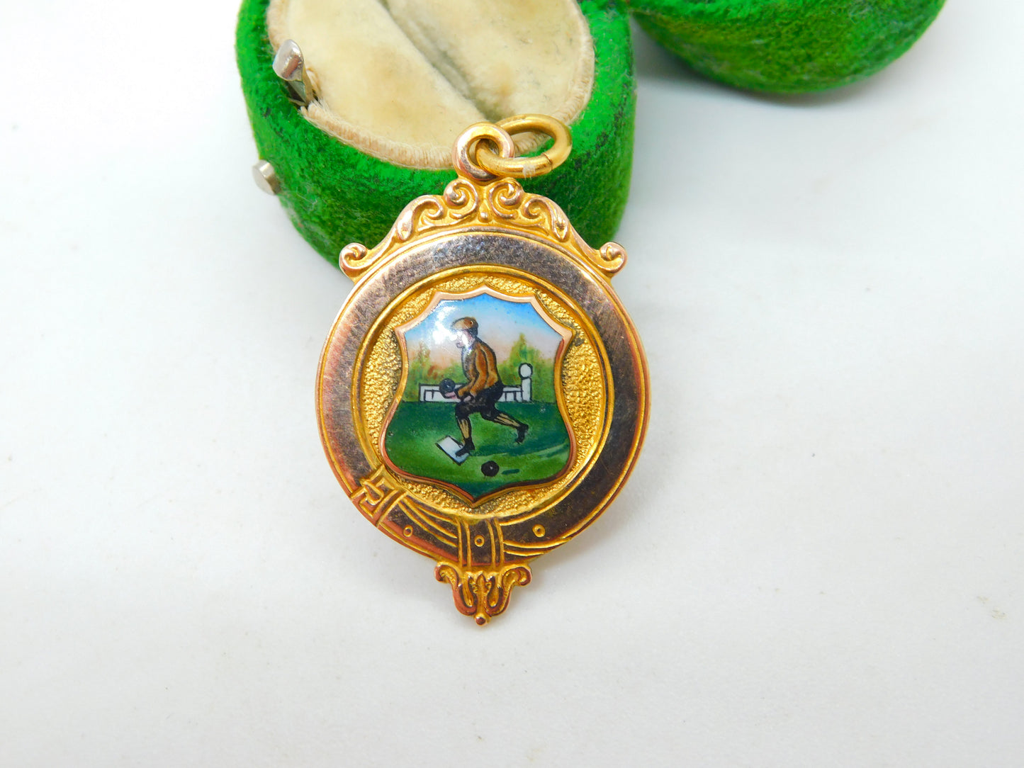 9ct Gold & Enamel Lawn Boules Sporting Fob Medal Antique 1927 Birmingham