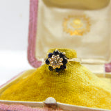 9ct Yellow Gold, Sapphire & Diamond Floral Cluster Ring Vintage 1978 Birmingham