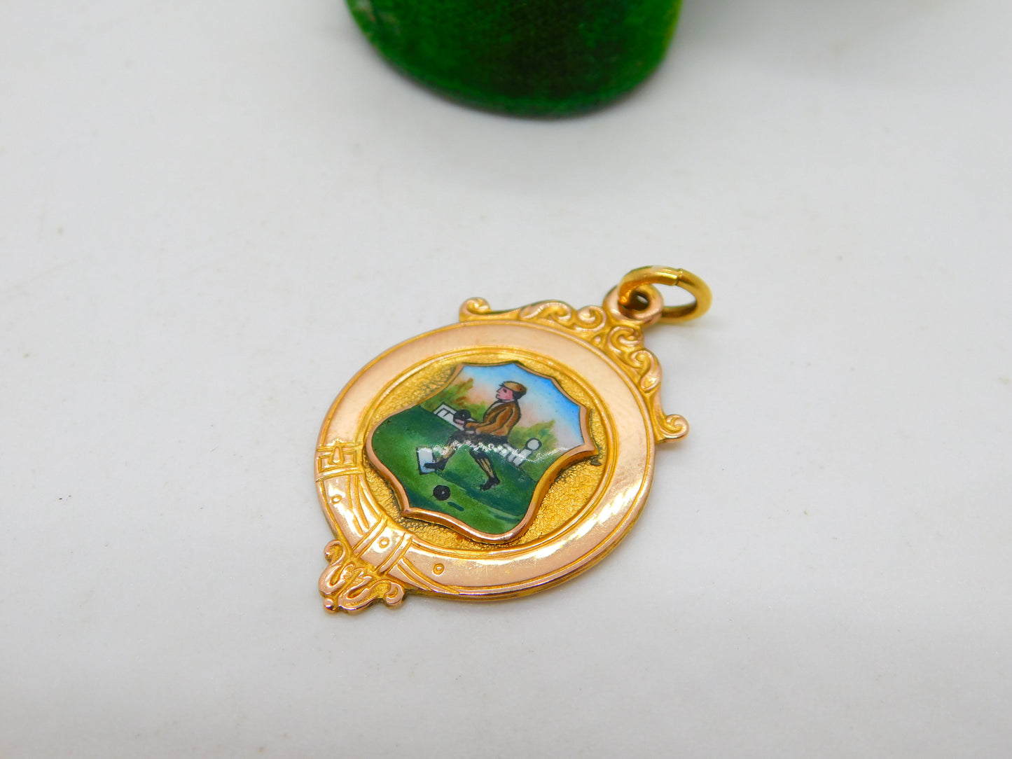 9ct Gold & Enamel Lawn Boules Sporting Fob Medal Antique 1927 Birmingham