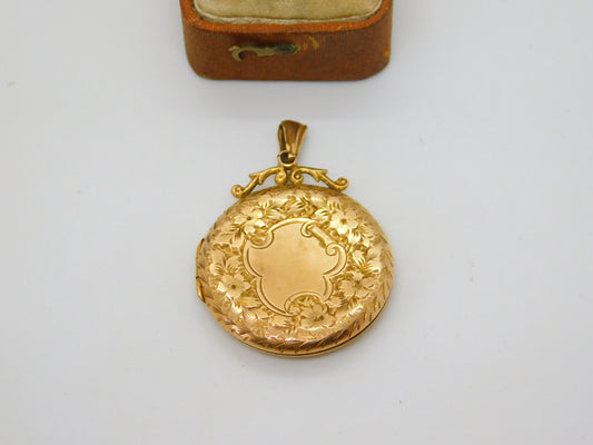 9ct Yellow Gold Floral Pattern Sweetheart Locket Pendant Antique 1913 Birmingham