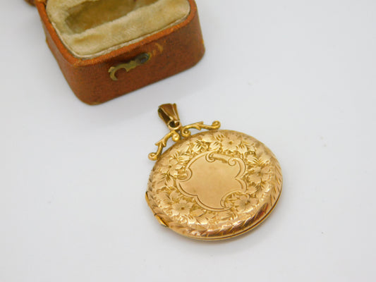 9ct Yellow Gold Floral Pattern Sweetheart Locket Pendant Antique 1913 Birmingham