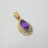 9ct Yellow Gold, Amethyst & Diamond Set Drop Pendant Vintage c1980