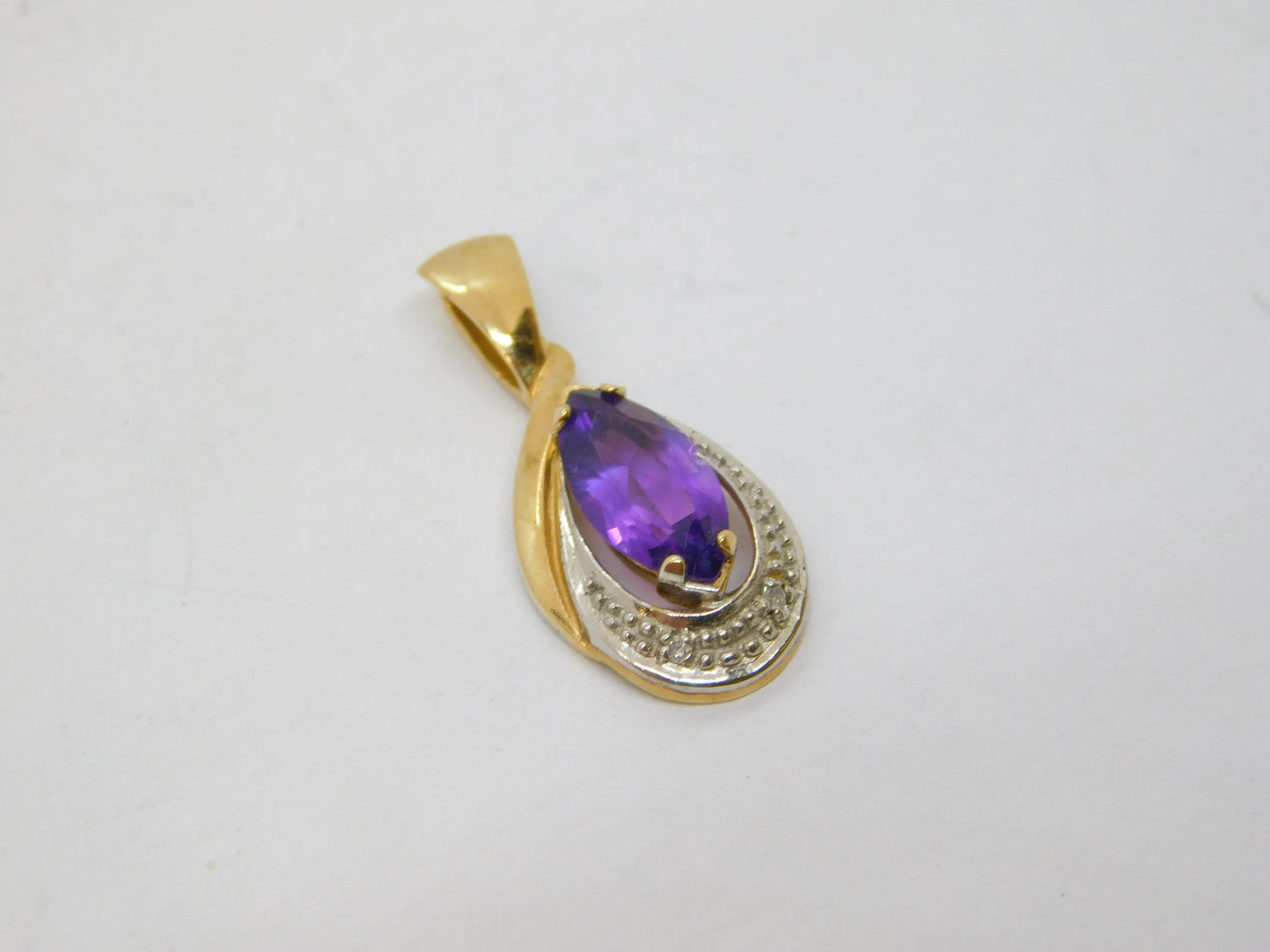 9ct Yellow Gold, Amethyst & Diamond Set Drop Pendant Vintage c1980