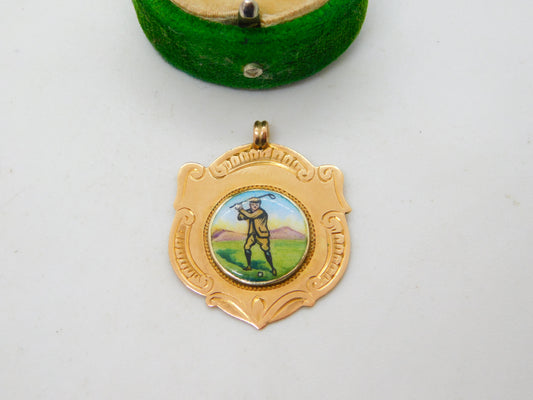 9ct Yellow Gold & Enamel Golf Sporting Fob Medal Antique 1923 Birmingham